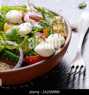 Insalata di verdure con formaggio mocarella, lattuga, pomodori ciliegini, rafano, cetriolo, cipolla e basilico nel piatto di argilla Foto Stock