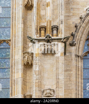 Doccioni sulla east end di York Minster. La colonna si siede accanto alla famosa vetrata e grande finestra orientale. Foto Stock