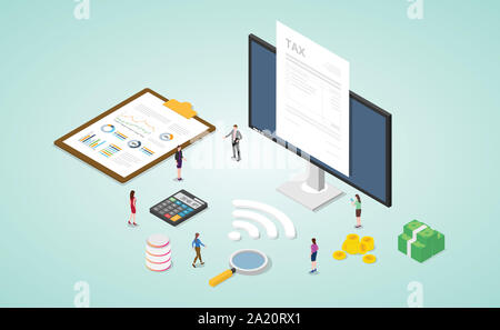 Online relazione fiscale con documenti cartacei e monitor con Denaro e finanze calcolo oro con moderni isometrica stile piatto - illustrazione vettoriale Foto Stock