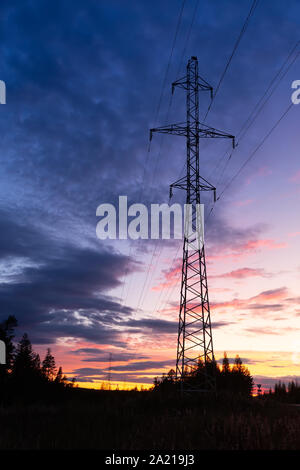 Linea di alimentazione silhouette sul tramonto colorato sfondo Foto Stock