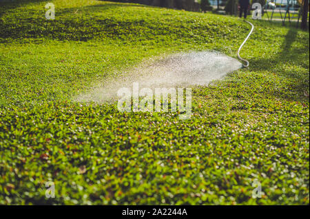 Donna asiatica annaffiatura un giardino verde e floreale nel Sobborgo di Nha Trang Foto Stock