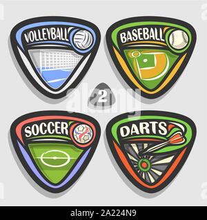 Set di vettore di sport loghi, 4 triangolo badge semplice con sfere, sport segni di design minimale con attrezzature di gioco per sporting club o a scuola, origine Illustrazione Vettoriale