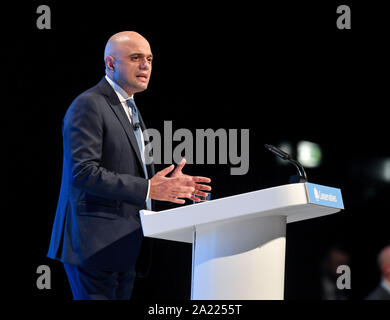 Manchester, Regno Unito. Il 30 settembre, 2019. MANCHESTER, REGNO UNITO. Il cancelliere dello scacchiere Sajid Javid offre il suo discorso al congresso del Partito conservatore di Manchester. Credito: Dave Johnston/Alamy Live News Foto Stock