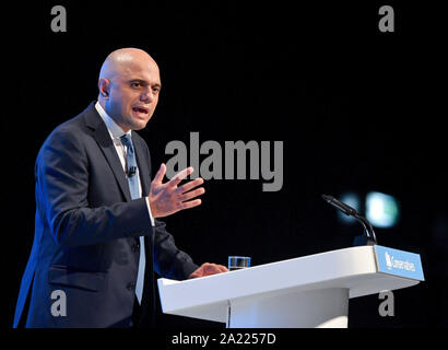 Manchester, Regno Unito. Il 30 settembre, 2019. MANCHESTER, REGNO UNITO. Il cancelliere dello scacchiere Sajid Javid offre il suo discorso al congresso del Partito conservatore di Manchester. Credito: Dave Johnston/Alamy Live News Foto Stock