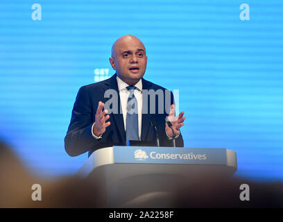 Manchester, Regno Unito. Il 30 settembre, 2019. MANCHESTER, REGNO UNITO. Il cancelliere dello scacchiere Sajid Javid offre il suo discorso al congresso del Partito conservatore di Manchester. Credito: Dave Johnston/Alamy Live News Foto Stock