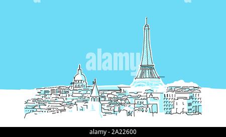 Parigi vettore Lineart schizzo e Illustrazione disegnata su sfondo blu. Illustrazione Vettoriale