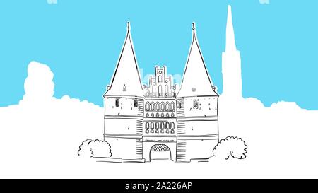 Holstentor Lubeck Lineart vettore schizzo e Illustrazione disegnata su sfondo blu. Illustrazione Vettoriale