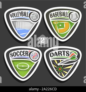 Set di vettore di sport loghi, 4 triangolo badge semplice con sfere, sport segni di design minimale con attrezzature di gioco per sporting club o a scuola, origine Illustrazione Vettoriale