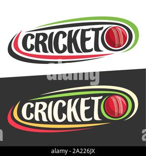 Loghi vettoriali per il cricket sport, volare sulla traiettoria palla rossa e la parola manoscritta - cricket su nero, linee curve circa creative tipografia per tex Illustrazione Vettoriale