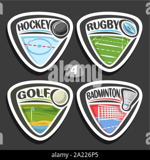 Set di vettore di sport loghi, 4 triangolo badge semplice con sfere, sport segni di design minimale con attrezzature di gioco per sporting club o a scuola, origine Illustrazione Vettoriale