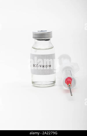 Concetto medico che mostra un medico medico lettura flaconcino di vaccino BCG e una siringa Foto Stock