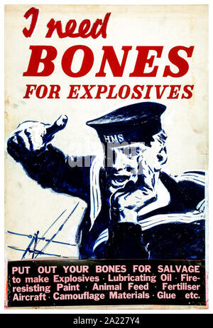 British, WW2, recupero, ho bisogno di ossa per gli esplosivi, (classificazione navale chiamando), poster, 1939-1946 Foto Stock