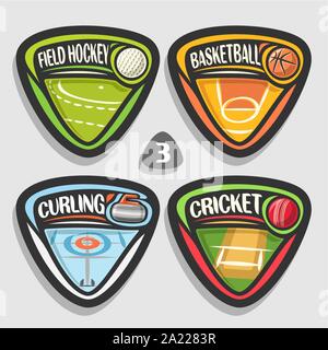 Set di vettore di sport loghi, 4 triangolo badge semplice con sfere, sport segni di design minimale con attrezzature di gioco per sporting club o a scuola, origine Illustrazione Vettoriale