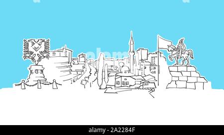 Tirana Albania Lineart vettore schizzo e Illustrazione disegnata su sfondo blu. Illustrazione Vettoriale