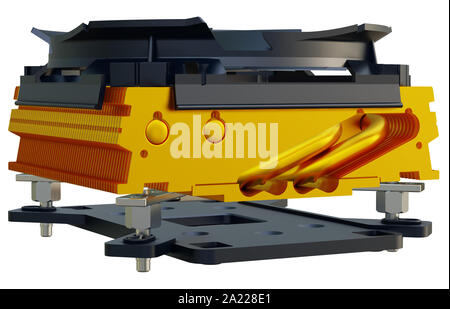 La ventola della CPU dello scambiatore di calore per PC. isolato su sfondo bianco. Il rendering 3D. Foto Stock