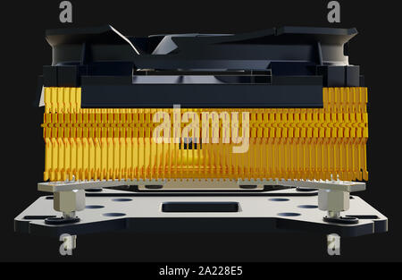 Attivo dello scambiatore di calore della CPU con il rame con alette del dissipatore di calore e ventola. Il rendering 3d. Foto Stock