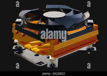 La ventola della CPU dello scambiatore di calore per PC. Il rendering 3D. Foto Stock