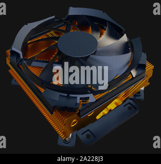 Dissipatore di calore per CPU con il rame con alette del dissipatore di calore e ventola. Il rendering 3d. Foto Stock