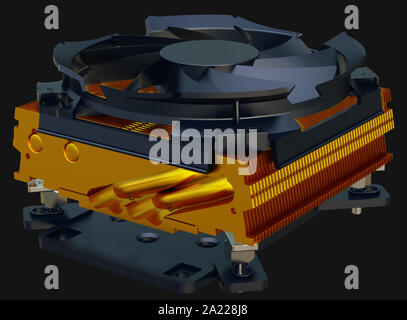 La ventola della CPU con rame radiatore. Il rendering 3D. Foto Stock