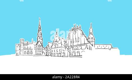 Riga, Lettonia Lineart vettore schizzo e Illustrazione disegnata su sfondo blu. Illustrazione Vettoriale