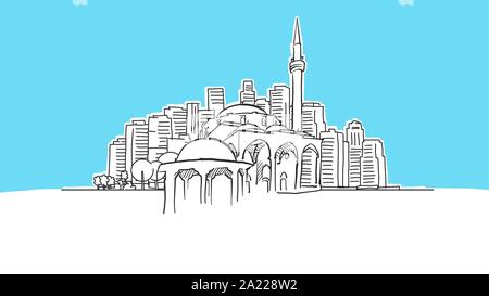 Moschea storica vettore Lineart schizzo e Illustrazione disegnata su sfondo blu. Illustrazione Vettoriale