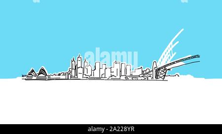 Sydney vettore Lineart schizzo e Illustrazione disegnata su sfondo blu. Illustrazione Vettoriale