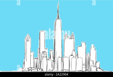 Chicago, Illinois vettore Lineart schizzo e Illustrazione disegnata su sfondo blu. Illustrazione Vettoriale