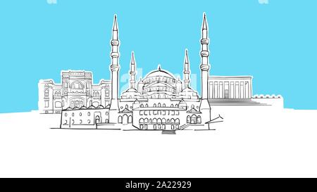 Ankara Turchia Lineart vettore schizzo e Illustrazione disegnata su sfondo blu. Illustrazione Vettoriale