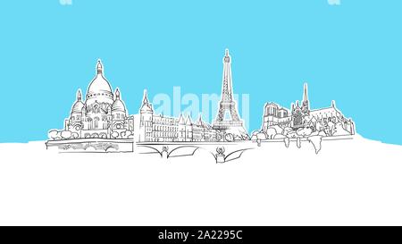 Viaggi a Parigi Punti di riferimento vettore Lineart schizzo e Illustrazione disegnata su sfondo blu. Illustrazione Vettoriale