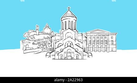 Tbilisi Georgia vettore Lineart schizzo e Illustrazione disegnata su sfondo blu. Illustrazione Vettoriale