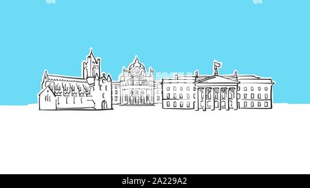 Dublino Irlanda Lineart vettore schizzo e Illustrazione disegnata su sfondo blu. Illustrazione Vettoriale