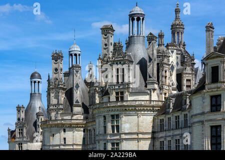 La Valle della Loira. La Francia. 07.22.12. Chateau de Chambord con il fiume Cosson in primo piano nella Valle della Loira in Francia. La camera 440 chateau date Foto Stock
