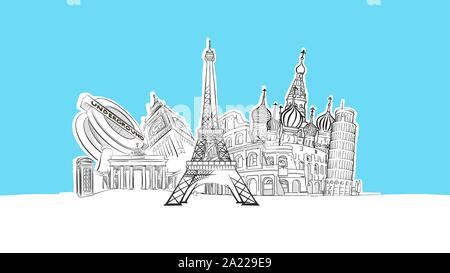 Europa Landmarks vettore Lineart schizzo e Illustrazione disegnata su sfondo blu. Illustrazione Vettoriale