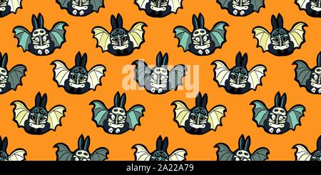 Vettore senza soluzione di continuità il giorno dei morti lo stile comico bat bunny pattern con disegnati a mano lo scheletro, il coniglietto mascherato in nero e arancio. Divertente e felice design perfetto per il tuo Halloween party. Illustrazione Vettoriale