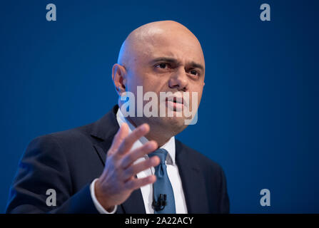 Manchester, Regno Unito. Il 30 settembre, 2019. Sajid Javid, il Cancelliere dello scacchiere e MP per Bromsgrove parla di due giorno del Congresso del Partito Conservatore di Manchester. Credito: Russell Hart/Alamy Live News Foto Stock