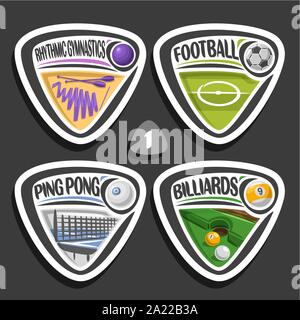 Set di vettore di sport loghi, 4 triangolo badge semplice con sfere, sport segni di design minimale con attrezzature di gioco per sporting club o a scuola, origine Illustrazione Vettoriale