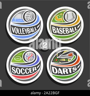 Set di vettore di sport loghi, 4 round semplice i badge con battenti la sfera sulla traiettoria curva, cerchio sport segni di design minimale con giochi attrezzature, o Illustrazione Vettoriale