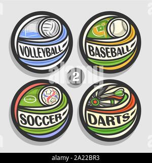 Set di vettore di sport loghi, 4 round semplice i badge con battenti la sfera sulla traiettoria curva, cerchio sport segni di design minimale con giochi attrezzature, o Illustrazione Vettoriale