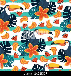 Modello senza cuciture con graziosi tucani, foglie di monstera e plumeria con banane e fette di anguria su sfondo a strisce. Appartamento illustrazione vettoriale. Illustrazione Vettoriale