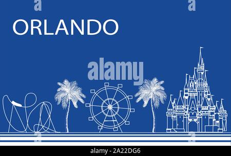 Attrazioni design , la linea bianca su sfondo blu. Scheda di vacanze. Illustrazione Vettoriale