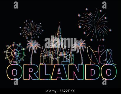 Orlando scritte colorate sul backround nero . Vettore con icone di viaggio e fuochi d'artificio. Cartolina d'arte. Illustrazione Vettoriale