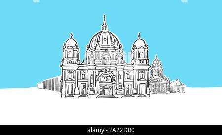 Berlino Germania Lineart vettore schizzo e Illustrazione disegnata su sfondo blu. Illustrazione Vettoriale