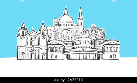 La Valletta Malta vettore Lineart schizzo e Illustrazione disegnata su sfondo blu. Illustrazione Vettoriale