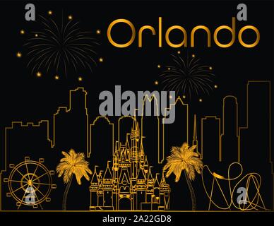 Orlando scritte Oro su nero backround . Vettore con il grattacielo , viaggi icone e fuochi d'artificio. Cartolina di viaggio. Illustrazione Vettoriale