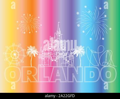 Orlando lettering bianco sulla colorata backround . Vettore con icone di viaggio e fuochi d'artificio. Cartolina di viaggio. Illustrazione Vettoriale