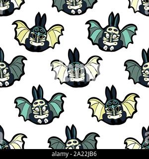 Divertenti vettore senza soluzione di continuità il giorno dei morti lo stile comico bat bunny pattern con disegnati a mano lo scheletro, il coniglietto mascherato in nero e arancio. Divertente e felice design perfetto per il tuo Halloween party. Illustrazione Vettoriale