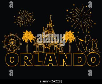 Orlando scritte Oro su nero backround . Vettore con icone di viaggio e fuochi d'artificio. Cartolina di viaggio.. Illustrazione Vettoriale