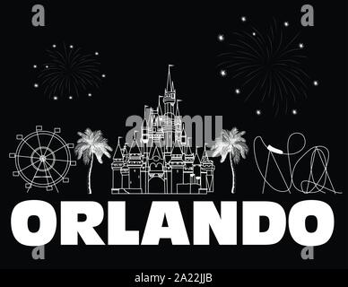 Orlando scritta bianco su nero backround . Vettore con icone di viaggio e fuochi d'artificio. Cartolina di viaggio. Illustrazione Vettoriale