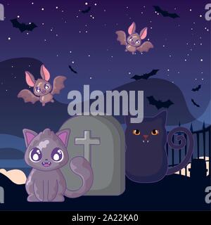 Cute cat con cimitero lapide sulla scena di halloween illustrazione vettoriale design Illustrazione Vettoriale