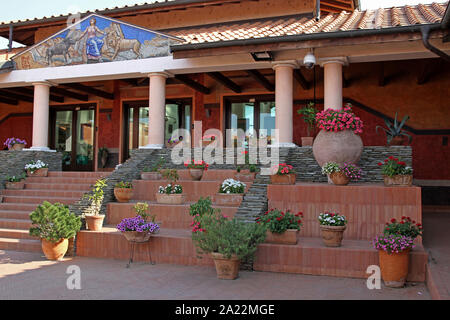 Triangolare di arte murale detenute da due pilastri e le piante in vaso su gradini intorno alla parte anteriore della porta d'ingresso del centro di moderna replica del centurione romano di abitazione, presso domus scientiarum viminacium / casa scienziati viminacium, scientifico, scienza e centro di ricerca, Kostolac, Branichevo distretto, Serbia. Foto Stock